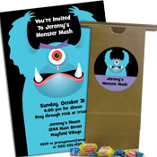Halloween monster theme invitations and party favors