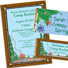 Camp theme birthday party invitations and party favors