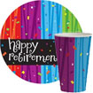 retirement party supplies, paper plates, cups, napkins