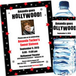 Hollywood theme Sweet 16 party invitations, decorations and favors