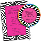 Jungle print theme Sweet 16 invitations, lollipops and favors