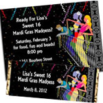 Mardi Gras Sweet 16 invitation and party favors