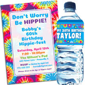 Sixties Hippie theme invitations and party favors