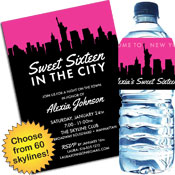 Skyline theme Sweet 16 invitations and party favors