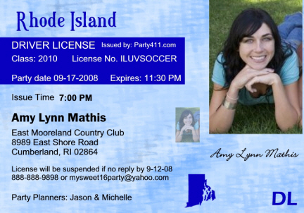 Rhode Island Driver's License Invitation, Sweet 16