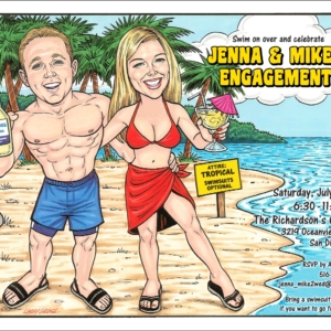 Beach Couple Semi Custom Caricature, Tropical Drinks