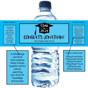 Graduation Cap Blue Theme Water Bottle Label